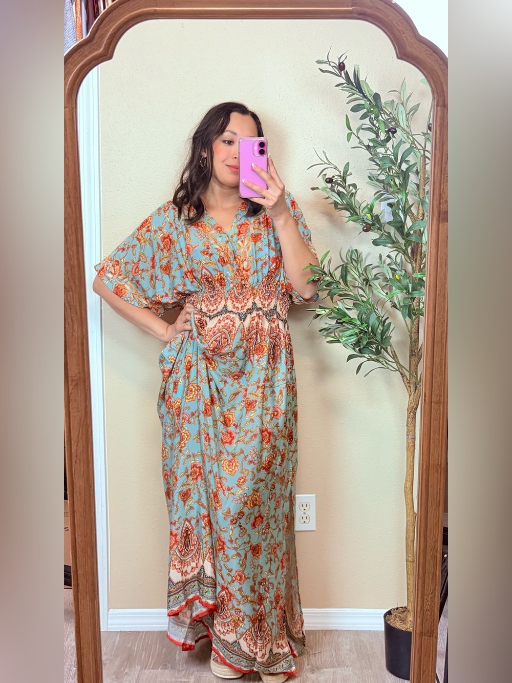 Karyn Seo | Silk Boho Floral Maxi Dress in Aqua and Rust - Women's Casual V-Neck